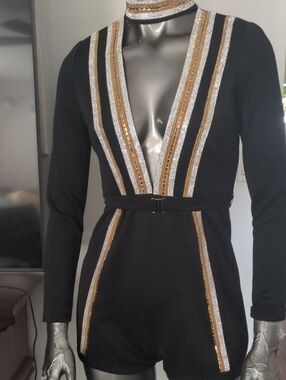 Source Unknown Black Romper with Gold & Silver Sequin Trim